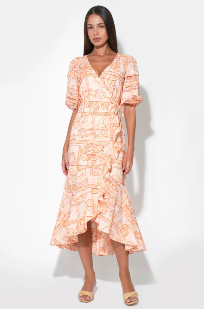 HAVEN RUFFLE EMBROIDERY WRAP MIDI DRESS