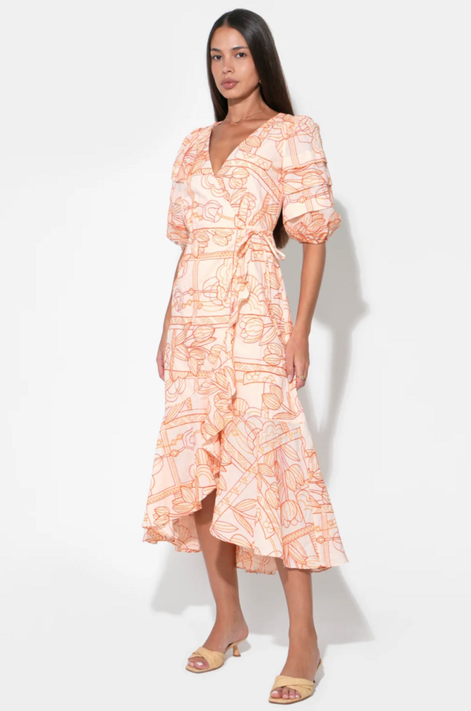 HAVEN RUFFLE EMBROIDERY WRAP MIDI DRESS