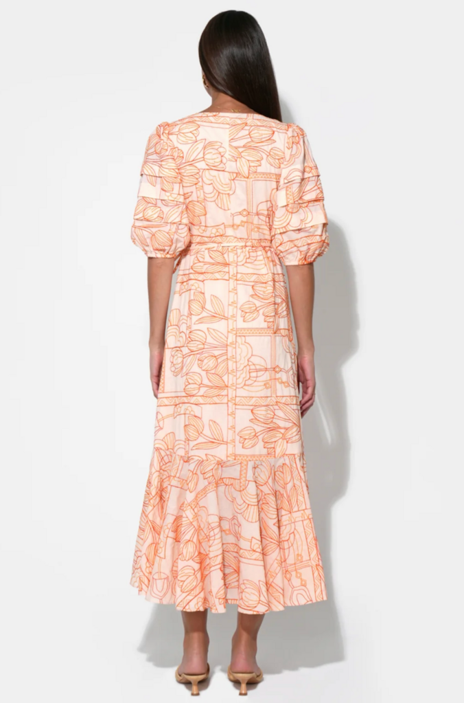 HAVEN RUFFLE EMBROIDERY WRAP MIDI DRESS