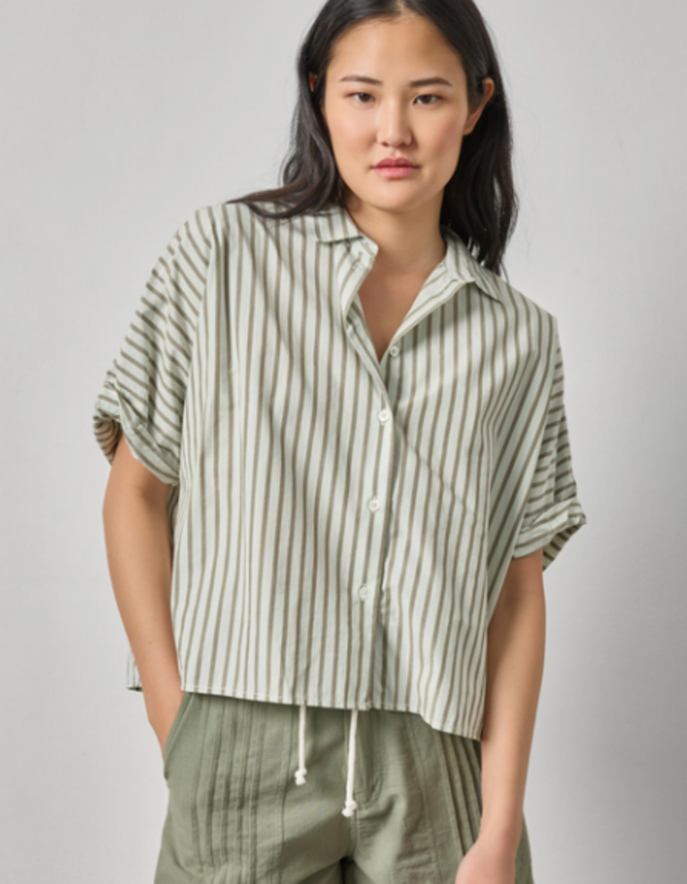 STRIPED OVERSIZED BUTTON DOWN DOLMAN TOP