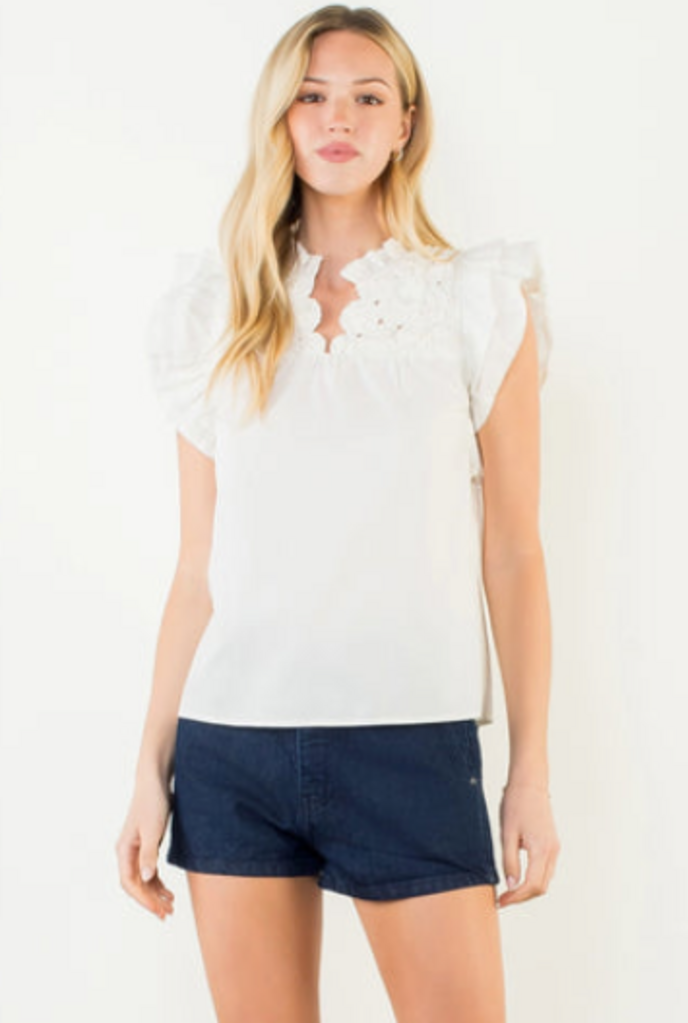 FLUTTER SLEEVE TOP W/EMBELLISHED YOKE