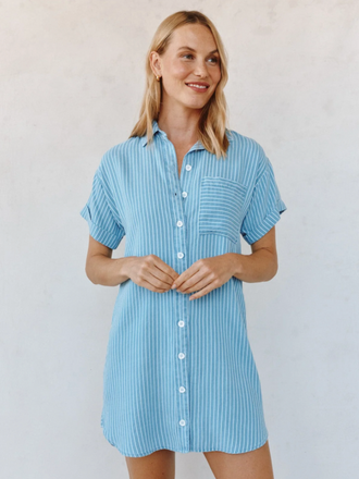 BELLA DAHL ROLL SLEEVE POCKET SHIRT DRESS COASTAL STRIPE WASH