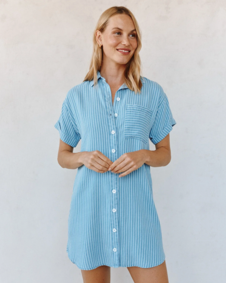BELLA DAHL ROLL SLEEVE POCKET SHIRT DRESS COASTAL STRIPE WASH