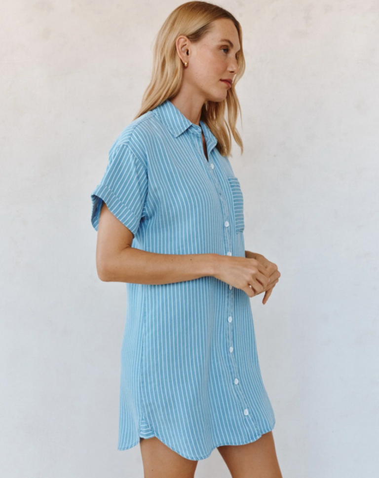 BELLA DAHL ROLL SLEEVE POCKET SHIRT DRESS COASTAL STRIPE WASH