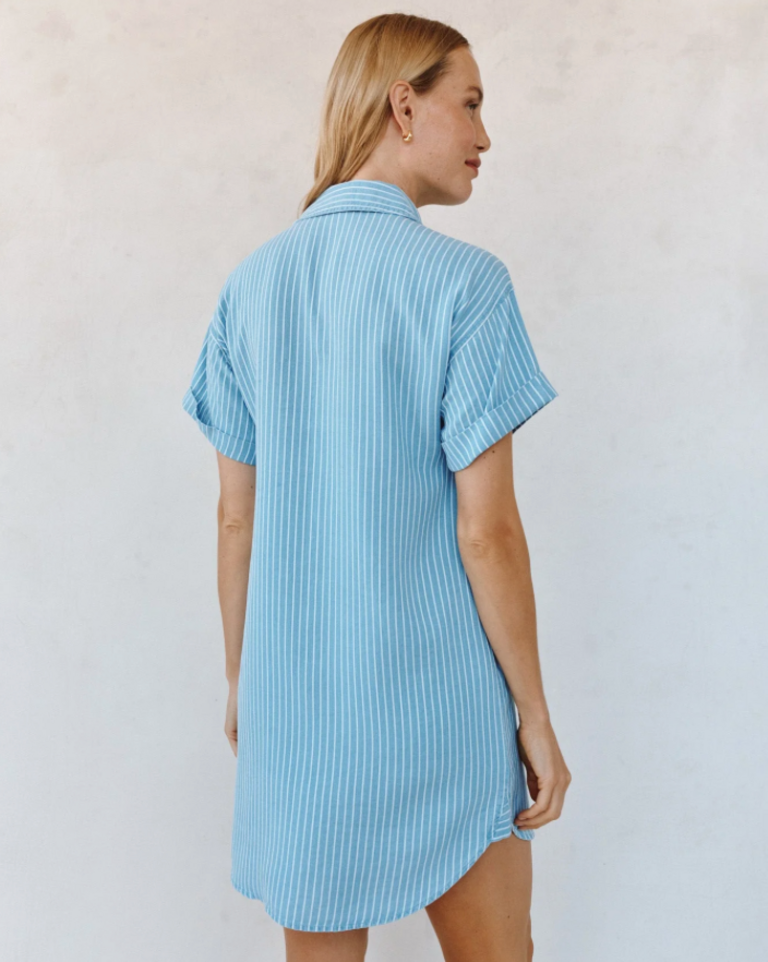 BELLA DAHL ROLL SLEEVE POCKET SHIRT DRESS COASTAL STRIPE WASH