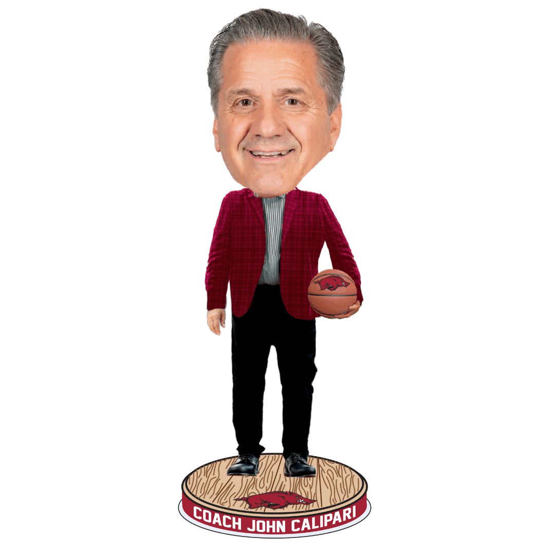 Bobblehead Hall Of Fame Razorback Basketball Coach John Calipari Bobblehead in a checkered, cardinal red blazer