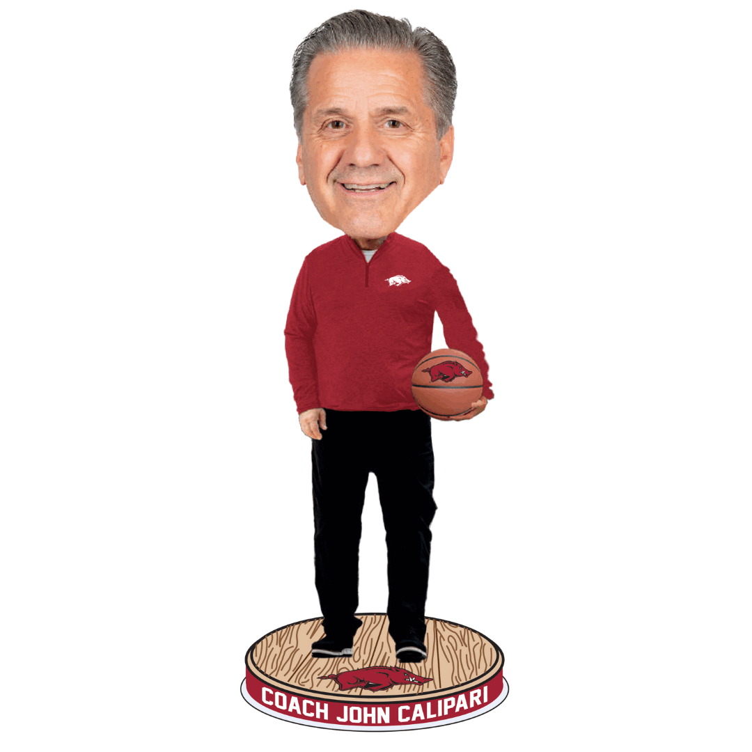 Bobblehead Hall Of Fame Razorback Coach John Calipari Bobblehead in a cardinal red quarter zip pullover