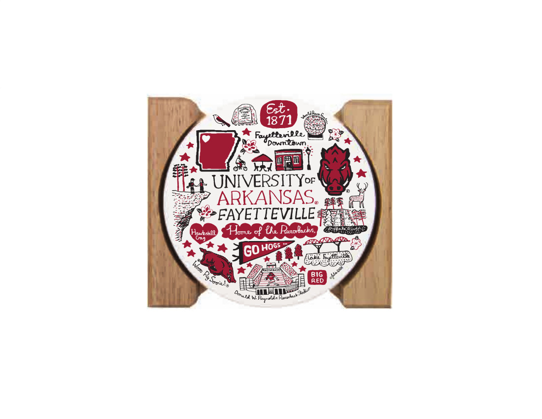 Neil Enterprises Razorback 4 Pack Round Stone Coaster w/ Wood Holder