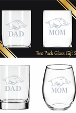 RFSJ Razorback Mom  and Dad Satin Rocks and Stemless Wine Glass Gift Set