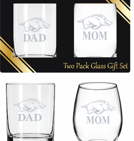 RFSJ Razorback Mom  and Dad Satin Rocks and Stemless Wine Glass Gift Set