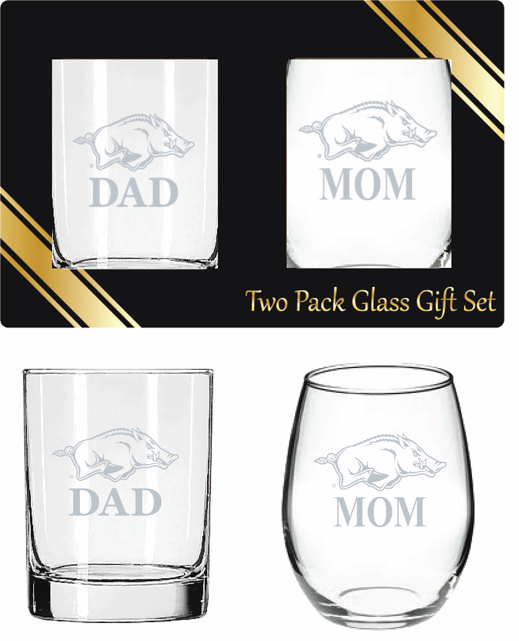 RFSJ Razorback Mom  and Dad Satin Rocks and Stemless Wine Glass Gift Set