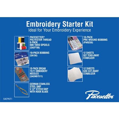 Brother EMBROIDERY STARTER KIT contains: 1 Polyester thread 6-pack, 1 set embroidery needles, 1 (10 pack bobbins - SA156), 1 (10-Pack PWB250) Pre-Wound Bobbins, 9x7 Tearaway Stabilizer (12 sheets), 6x6 Cutaway stabilizer (12 sheets), 1 pair of German Stainless St