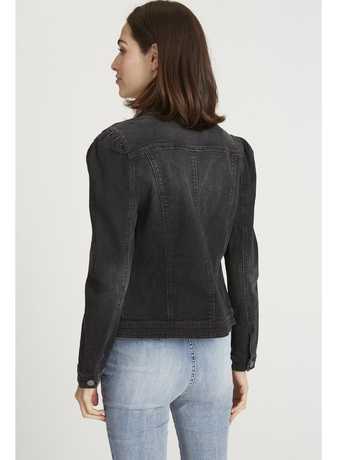 Washed Black Puff Sleeve Denim Jacket 