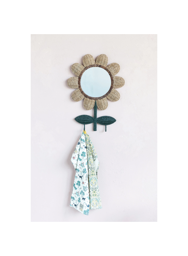 Round Woven Flower Mirror with Hooks
