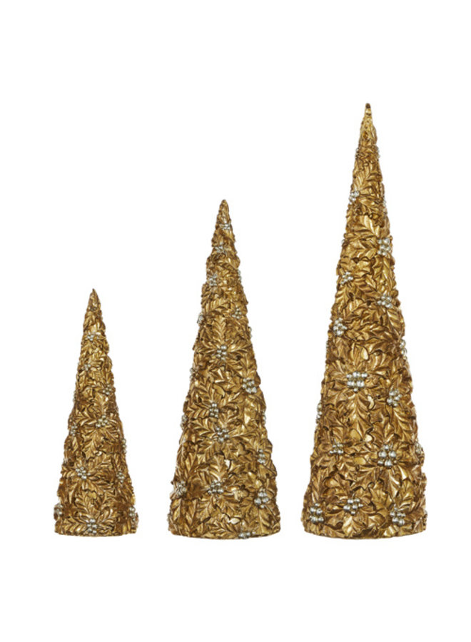 14" Holly Patterned Gold Cone Tree