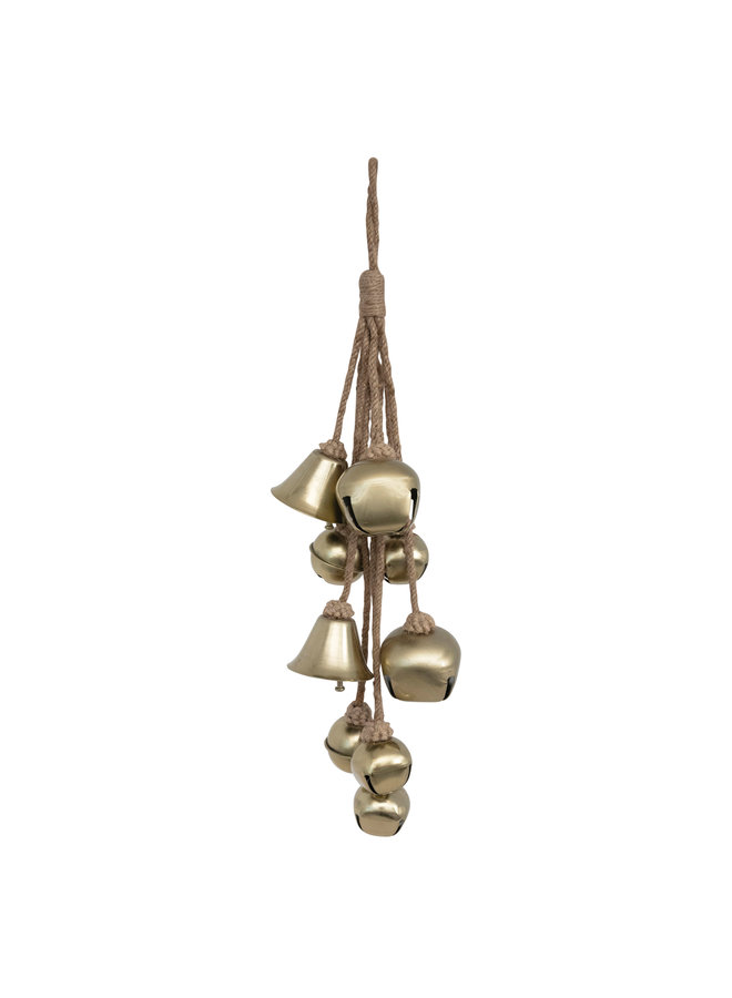 16"H Metal Bell Cluster with Jute Rope, Antique Brass Finish