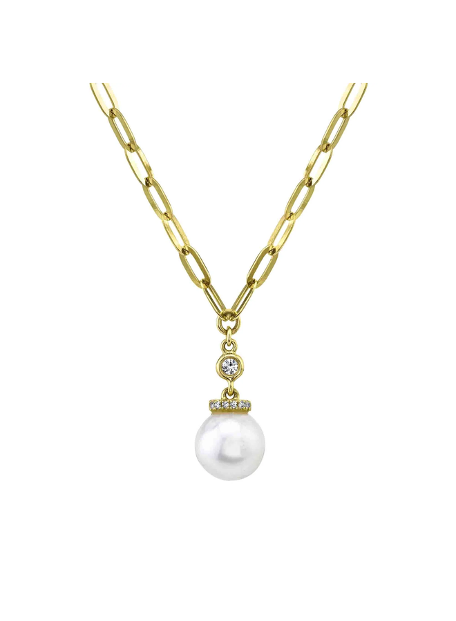 14KYG Diamond and Cultered Pearl Paper Clip Necklace (0.05ct)