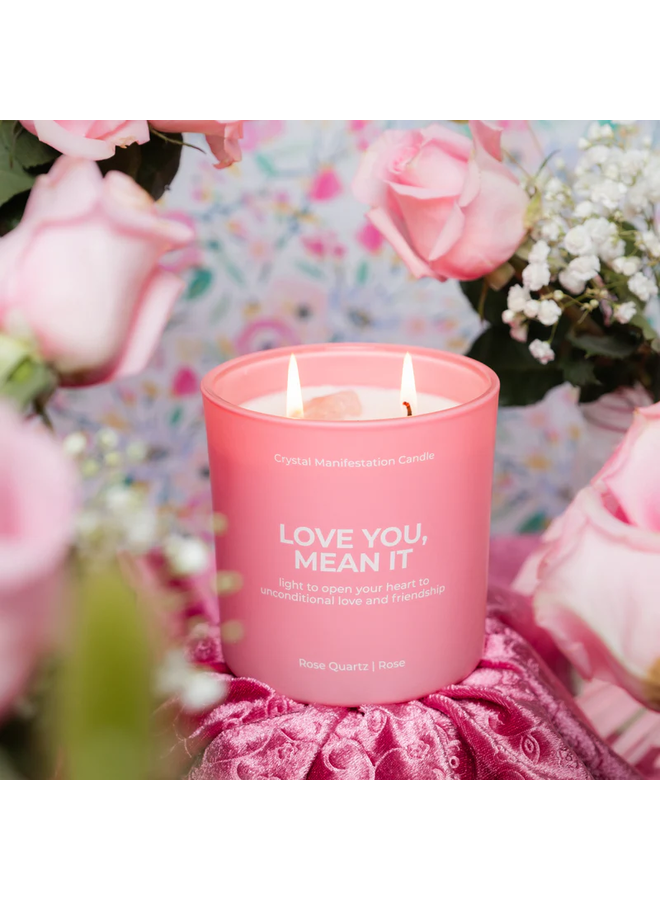Love You, Mean It Crystal Manifestation Candle - Rose Scented with Rose Quartz