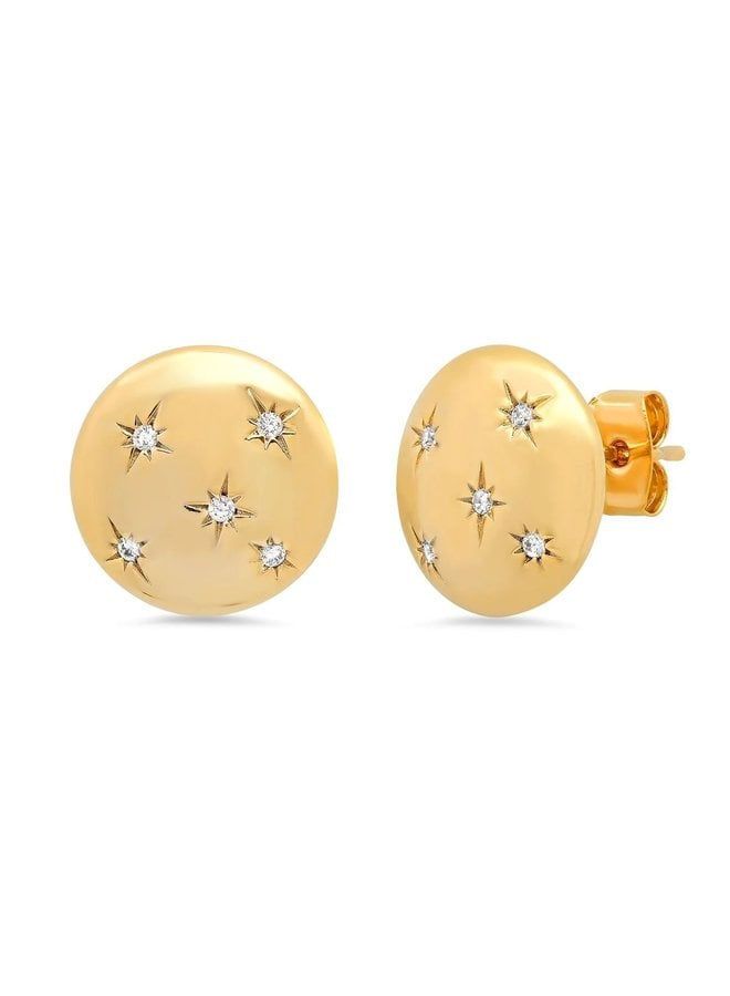 Gold Button Earring Studs With Cz Star Accents