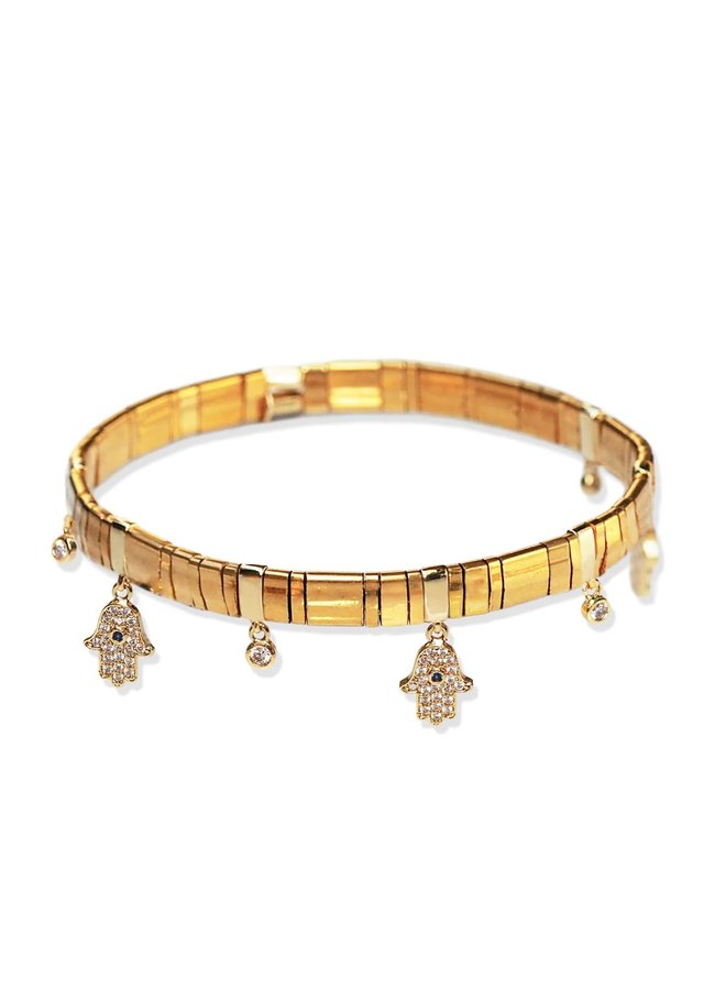 Handmade Gold Tila Bead Bracelet With Hamsa Charm Dangle