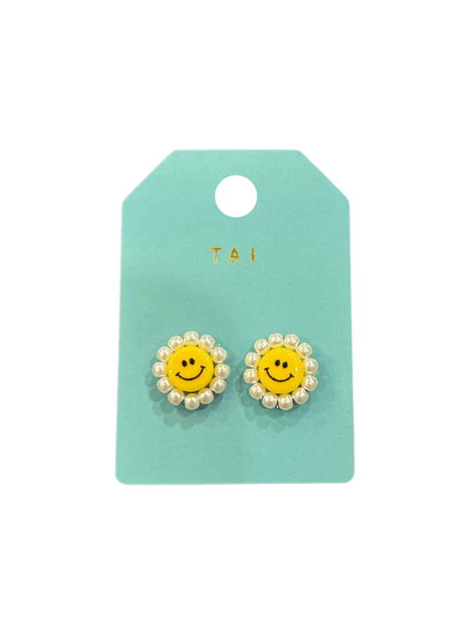 Yellow Smiley Face White Pearl Studs