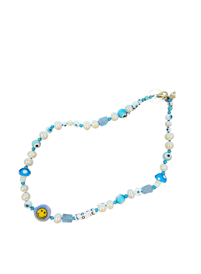 Painted Blue Smiley Freshwater Pearl Necklace