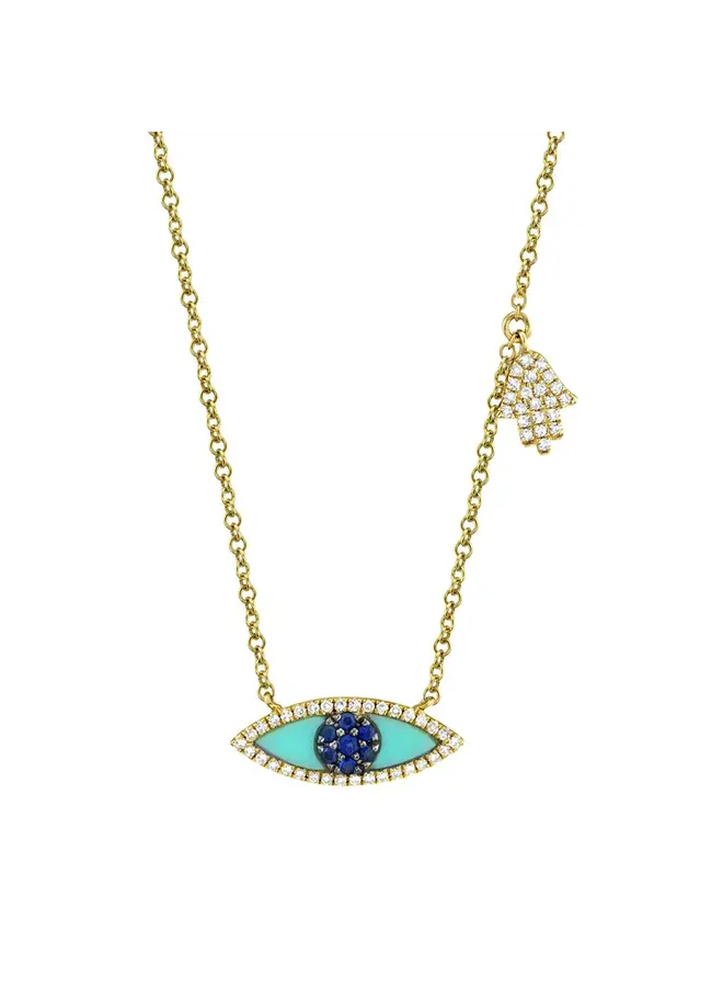 14K Yellow Gold, Blue Sapphire & Turquoise Evil Eye/Hamsa Necklace (.13Ct/.38 Ct)