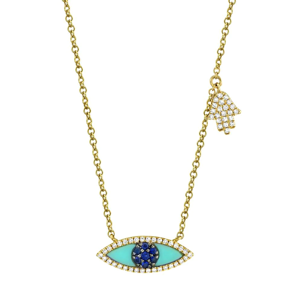 14K Yellow Gold, Blue Sapphire & Turquoise Evil Eye/Hamsa Necklace  (.13Ct/.38 Ct)
