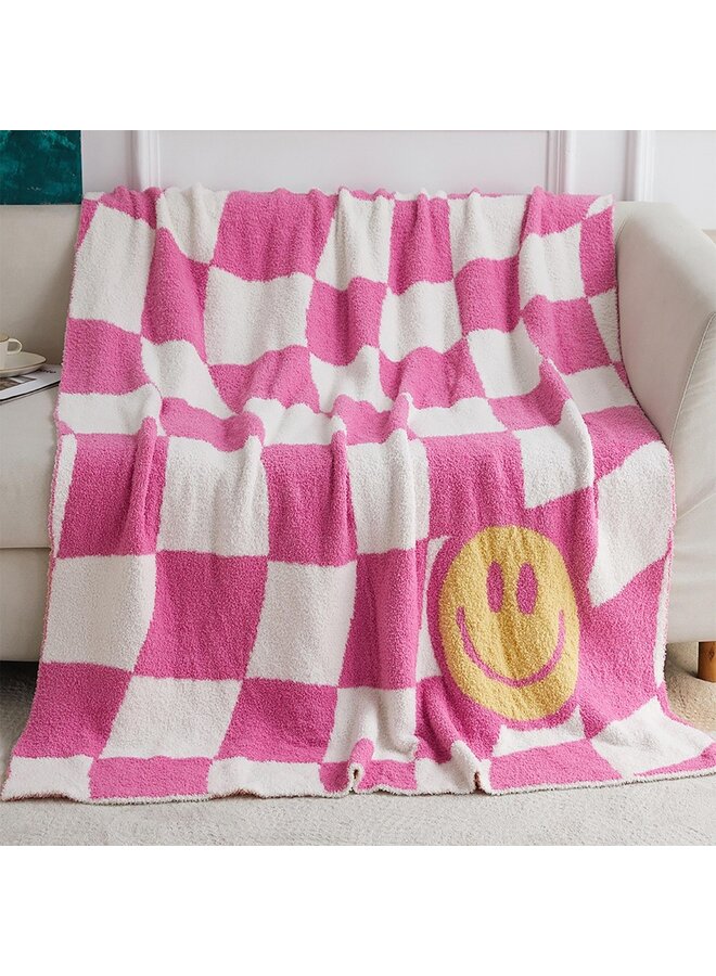 Supersoft Checkerboard/Smiley Blanket - Pink Yellow
