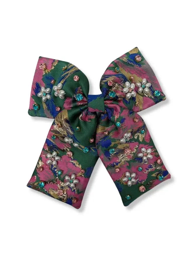Green & Pink Brocade Bow Clip with Pearl Flowers