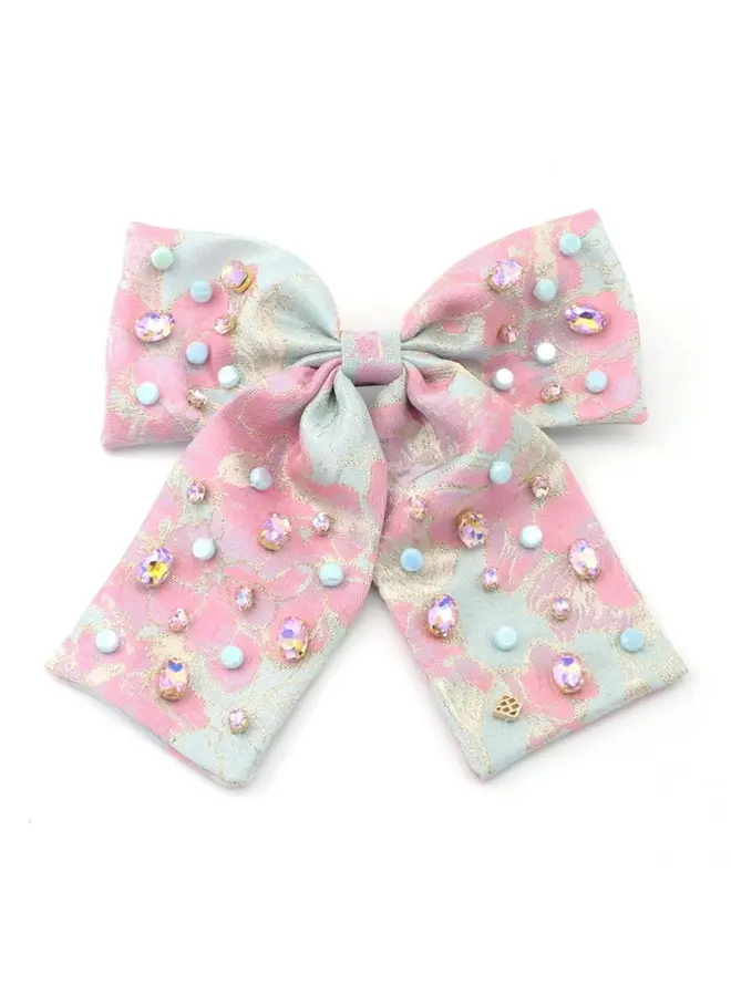 Blue & Pink Brocade Bow Barrette with Crystals