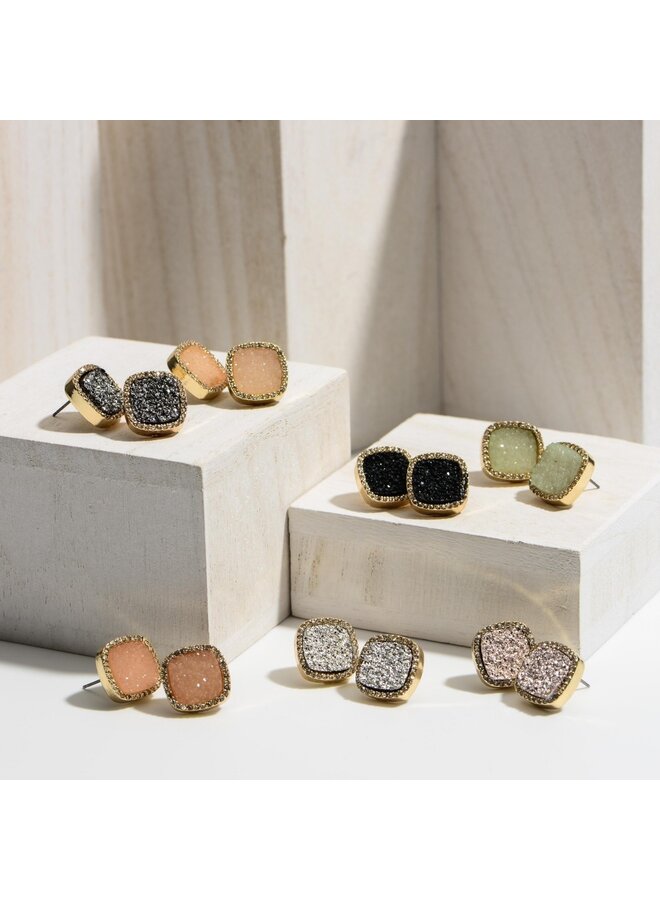 Square Shaped Druzy Stud Earring - Pewter