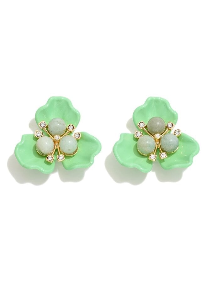 Flower Stud Earrings with Beads & Rhinestone Inlay