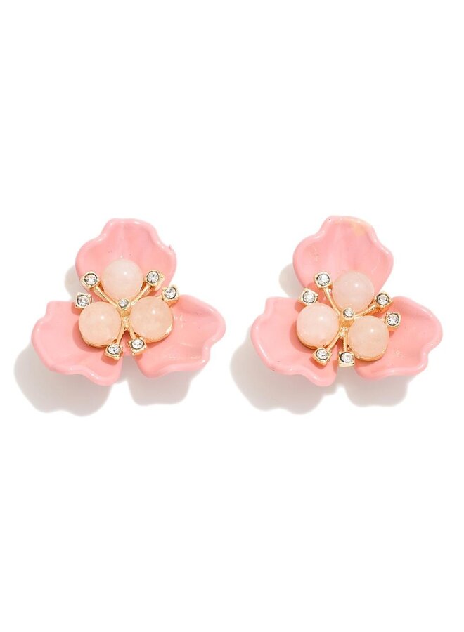 Flower Stud Earrings with Beads & Rhinestone Inlay