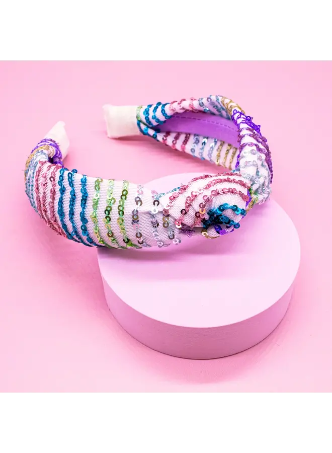 Rainbow Confetti Sequin Knot Headband - White