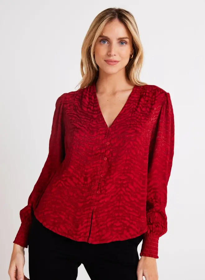 Smocked Cuff Button Down Garnet Red