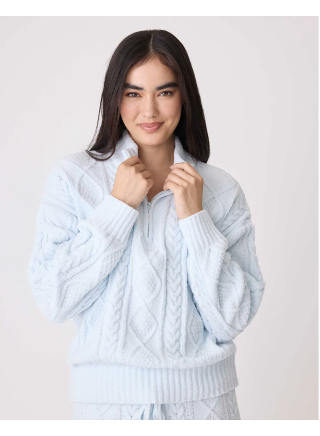 Chenille Cozy Cable Quarter Zip Sweater Blue