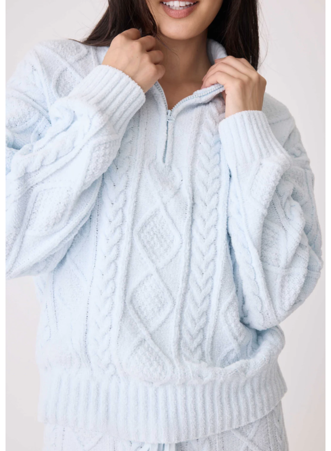 Chenille Cozy Cable Quarter Zip Sweater Blue