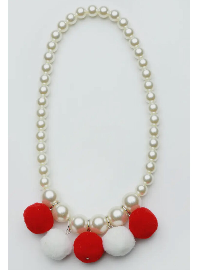 Red and White Pom Pom Necklace