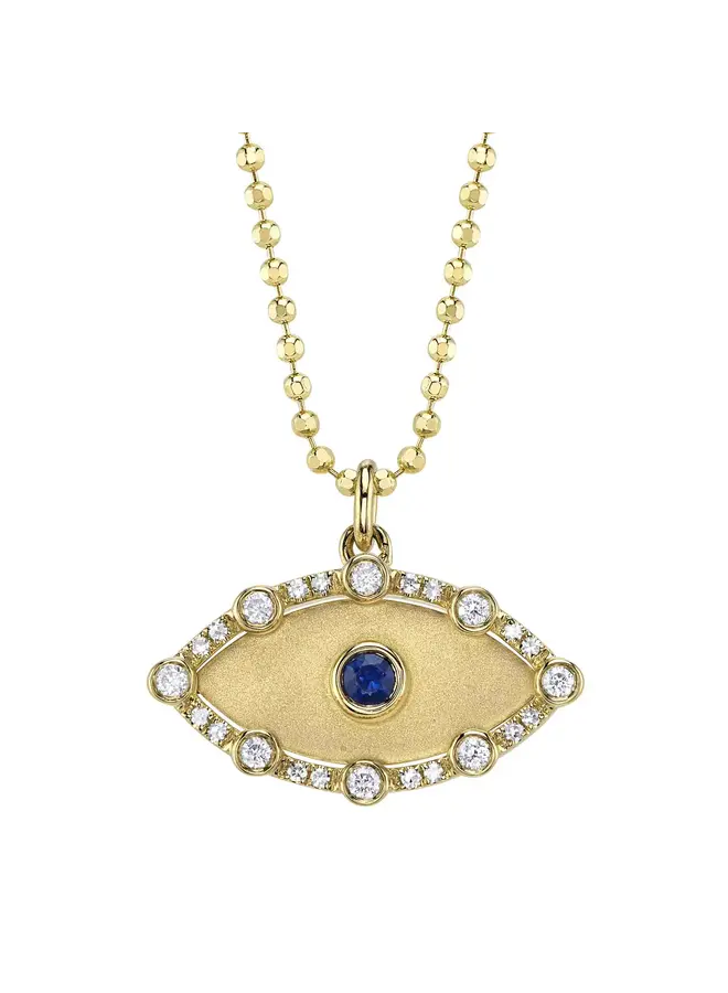 14YG (0.14ct) Diamond & (0.08ct) Blue Sapphire Bezel Eye Matte Ball Chain Necklace
