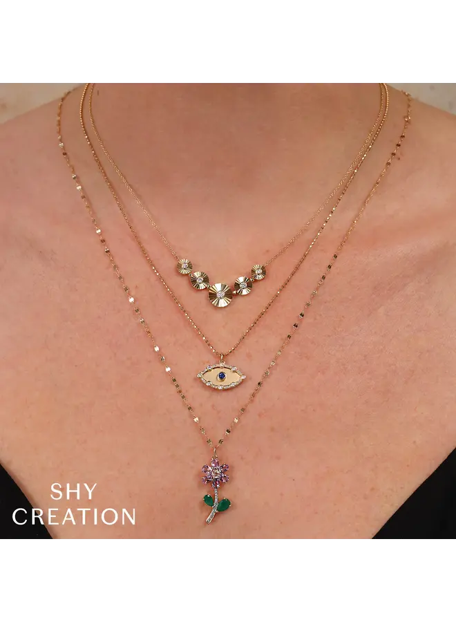 14YG (0.14ct) Diamond & (0.08ct) Blue Sapphire Bezel Eye Matte Ball Chain Necklace