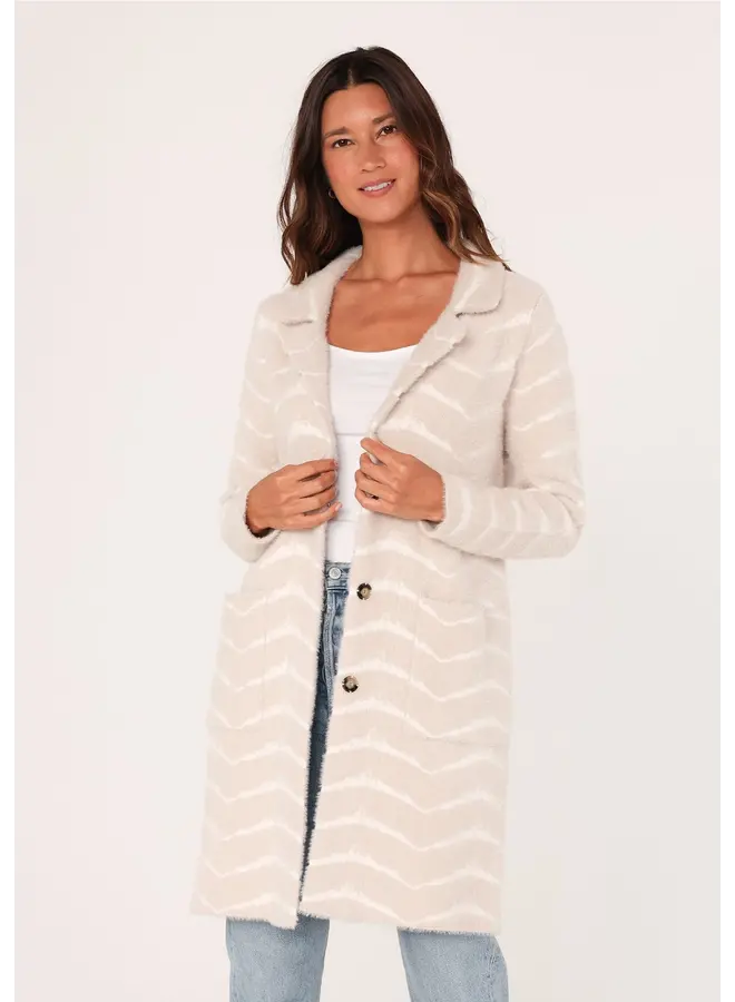 Fuzzy Chevron Jacquard Button Front Coatigan