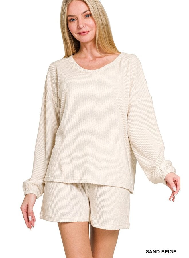 Brushed Ribbed Hacci V-Neck Tee & Shorts Set