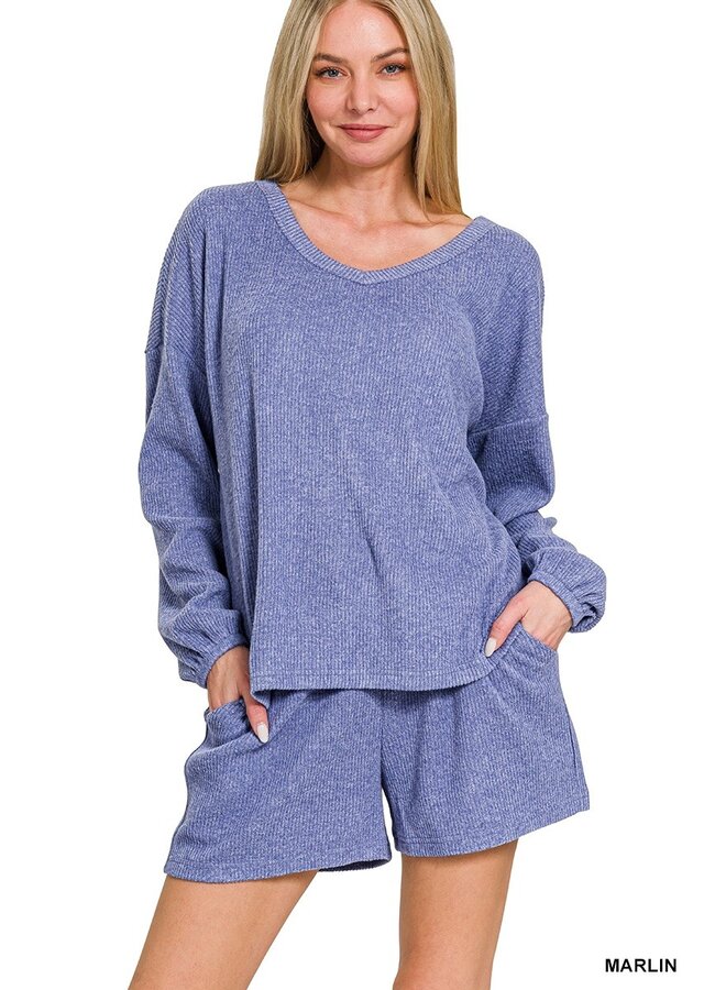 Brushed Ribbed Hacci V-Neck Tee & Shorts Set
