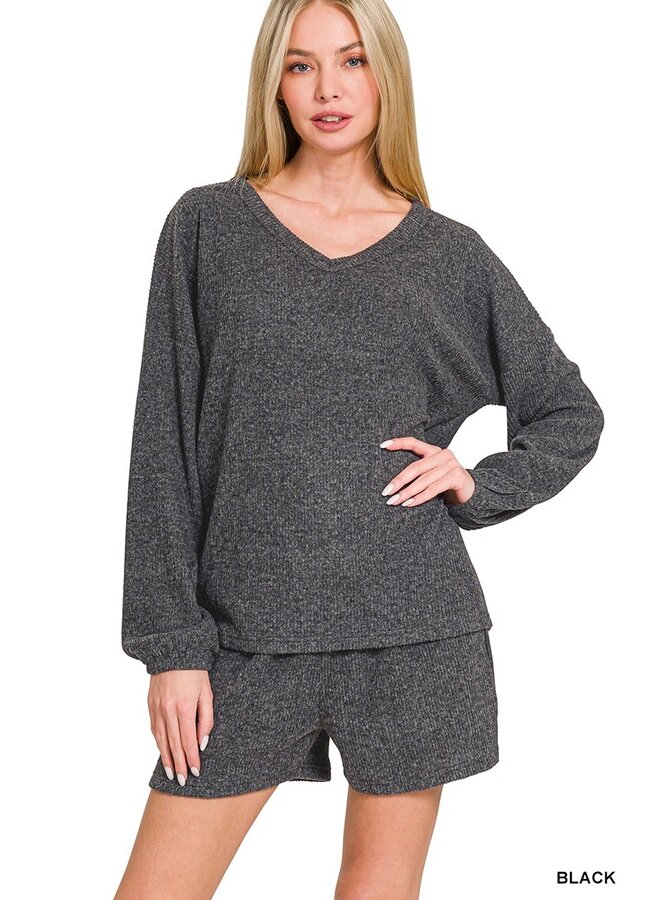 Brushed Ribbed Hacci V-Neck Tee & Shorts Set