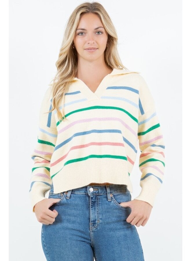 Multi-Color Striped Pullover with Collar Yellow