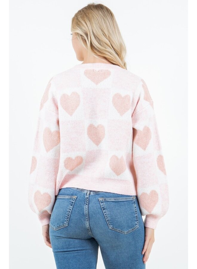 Color Block Pattern Pullover with Hearts Pink