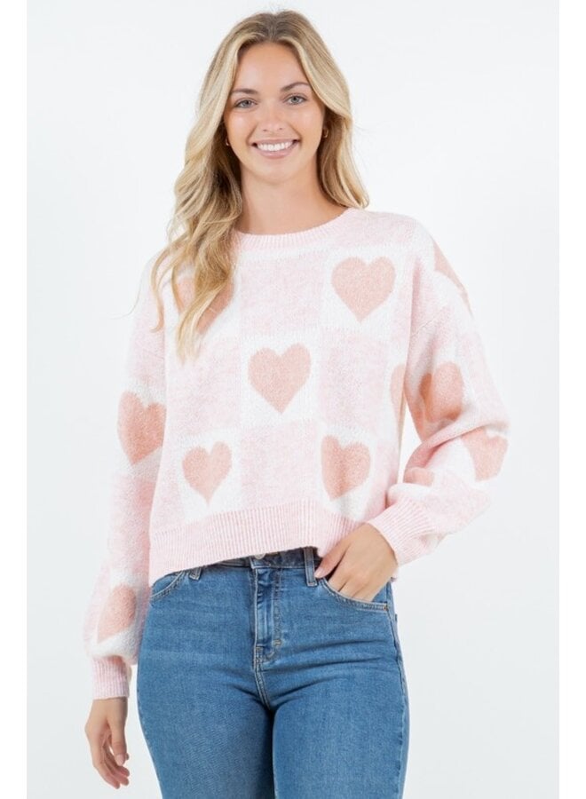 Color Block Pattern Pullover with Hearts Pink