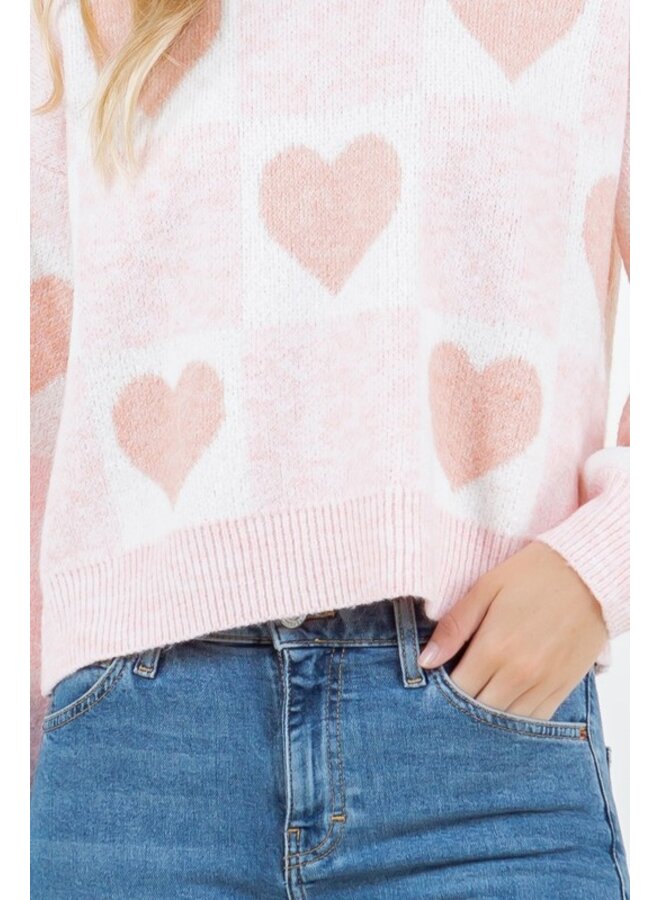 Color Block Pattern Pullover with Hearts Pink