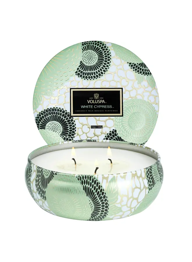 White Cypress 3 Wick Candle Tin